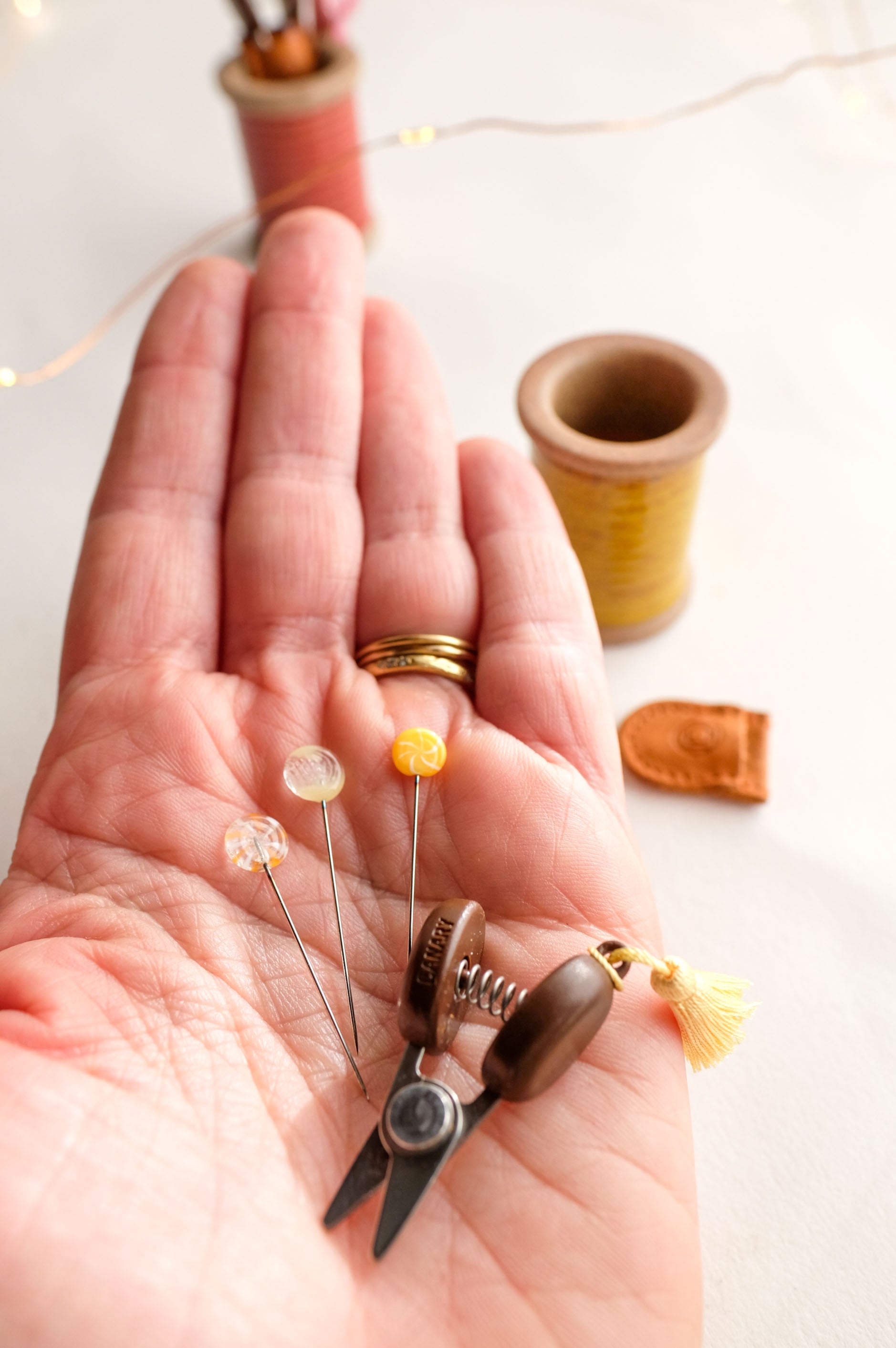 Gift Set: Hasami Magnetic Pin Holder + Ohajiki Glass Sewing Pins + Seki Mini Scissors