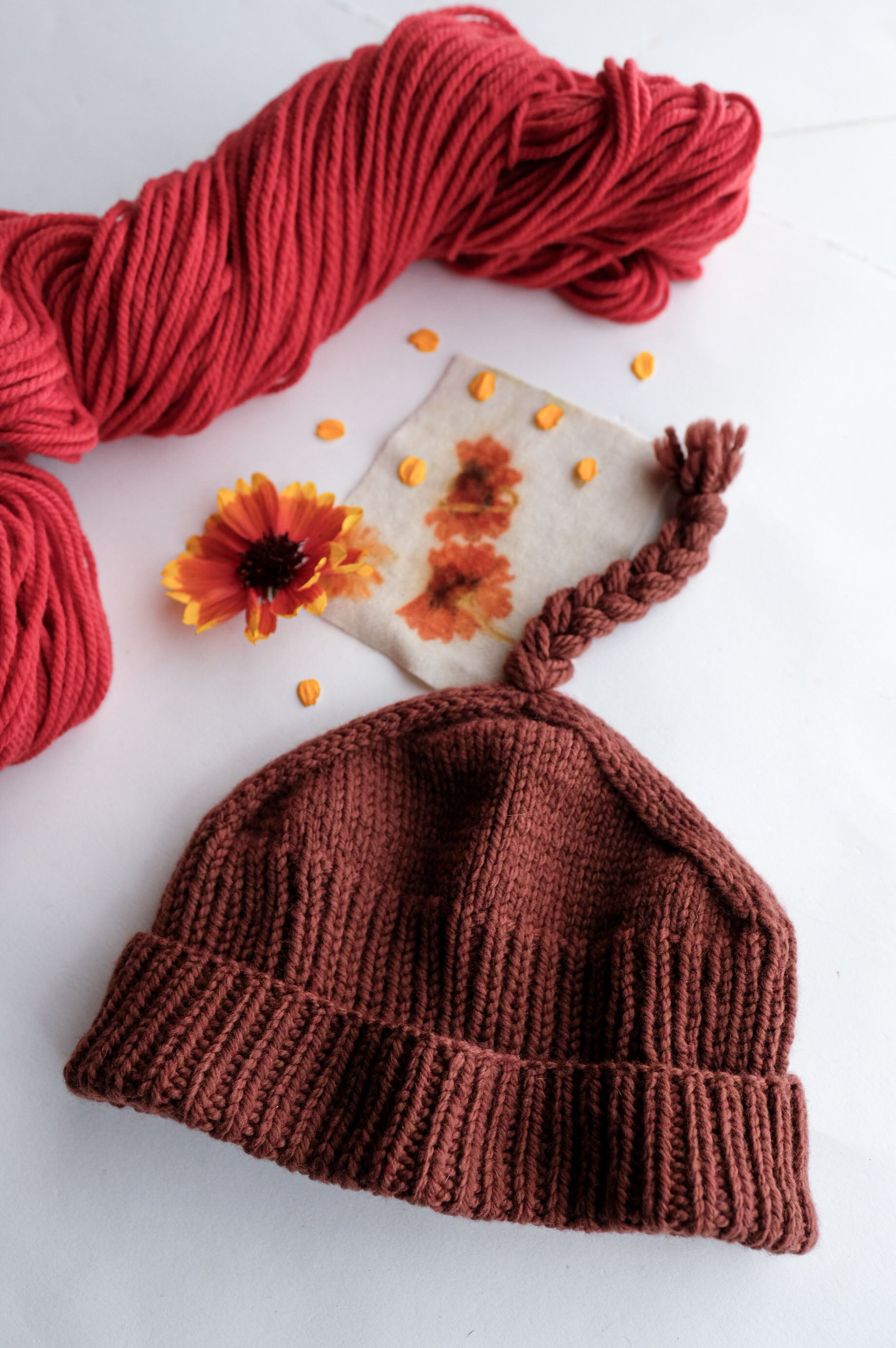 Caliente Naturally Dyed Red Yarn Everyday by Bread & Butter next to Melt the Ice Hat nit in Coastal Redwood