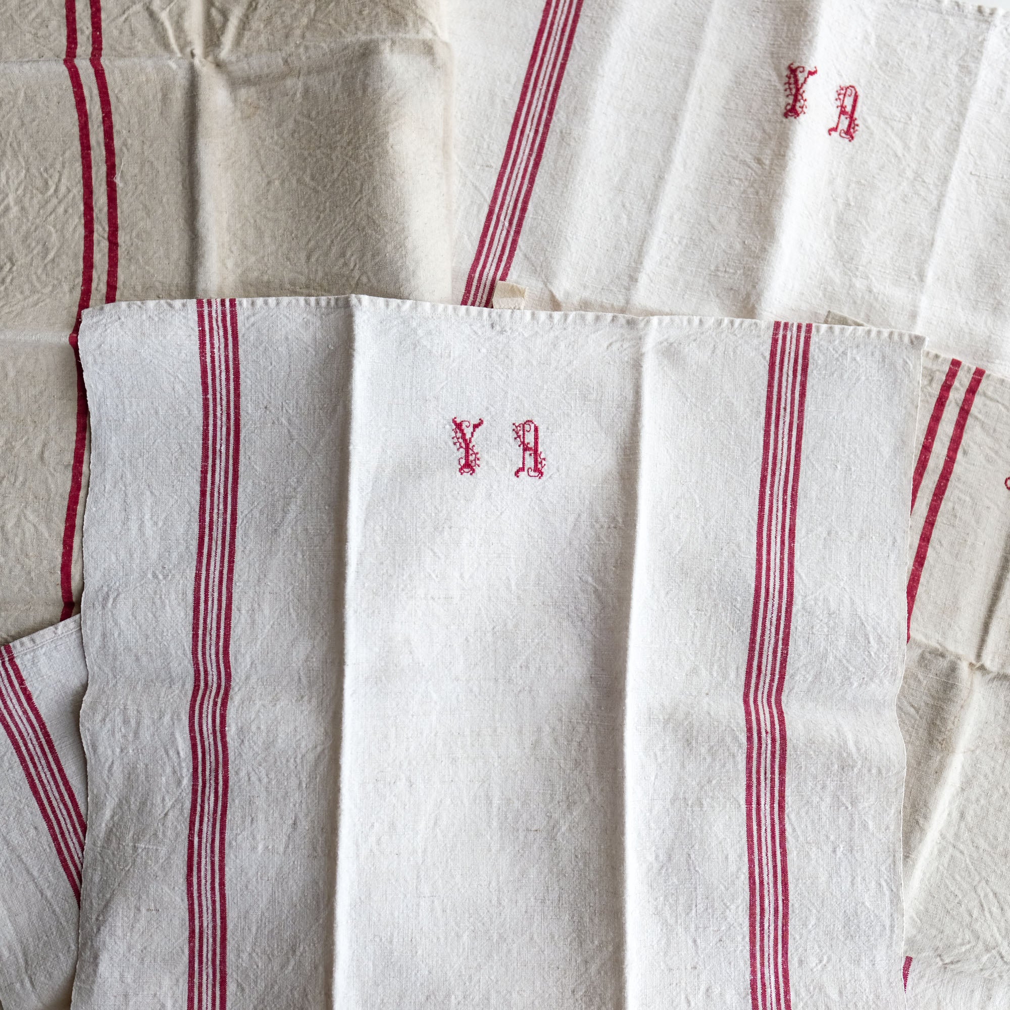 Vintage French Linen Kitchen Towels with Red Stripe and Embroidery
