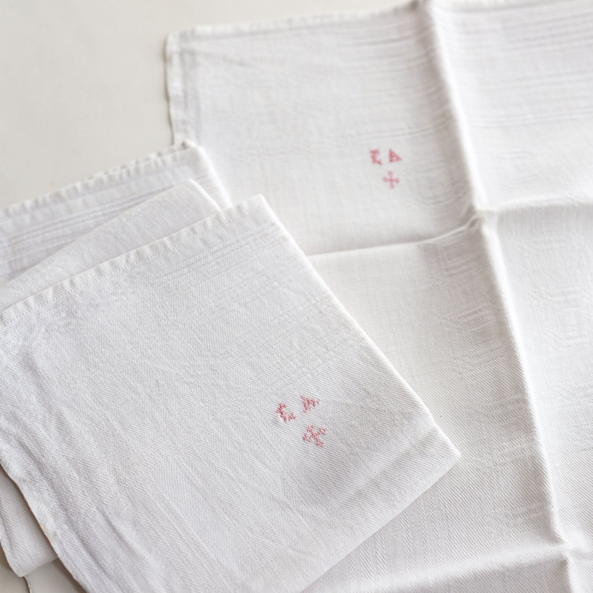 Vintage French Linen Napkins with Red Embroidery
