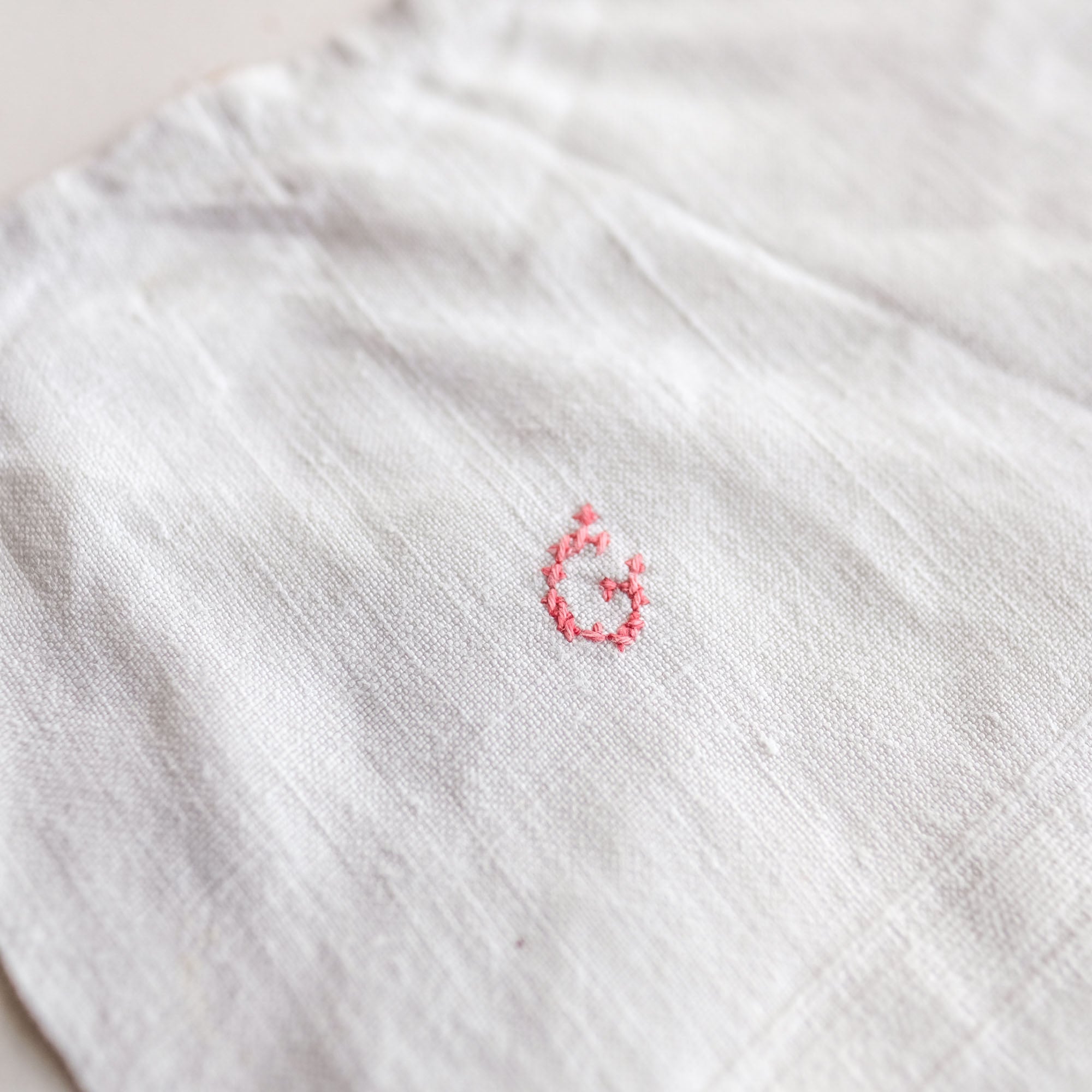 Vintage French Linen Napkins with Red Embroidery