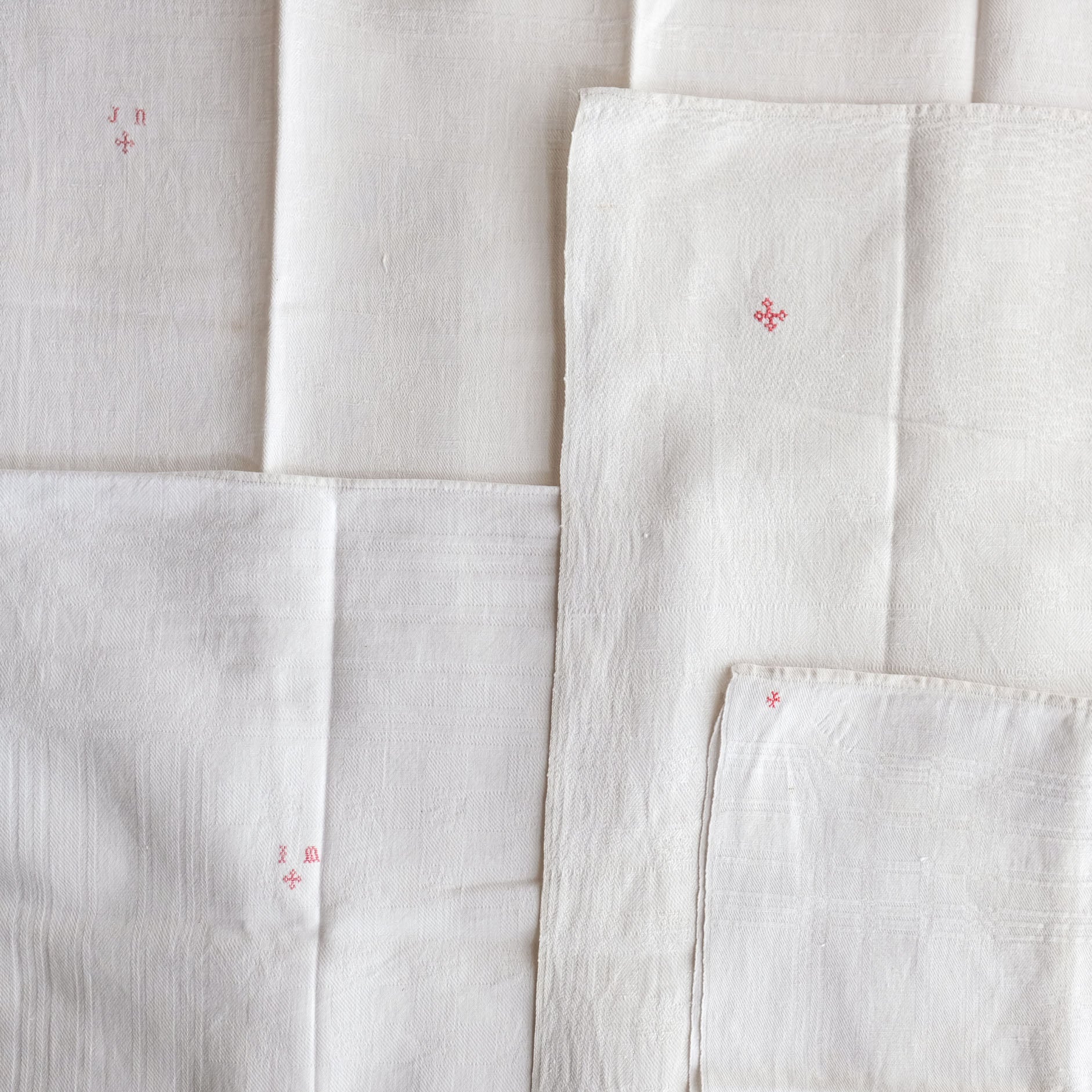 Vintage French Linen Napkins with Red Embroidery