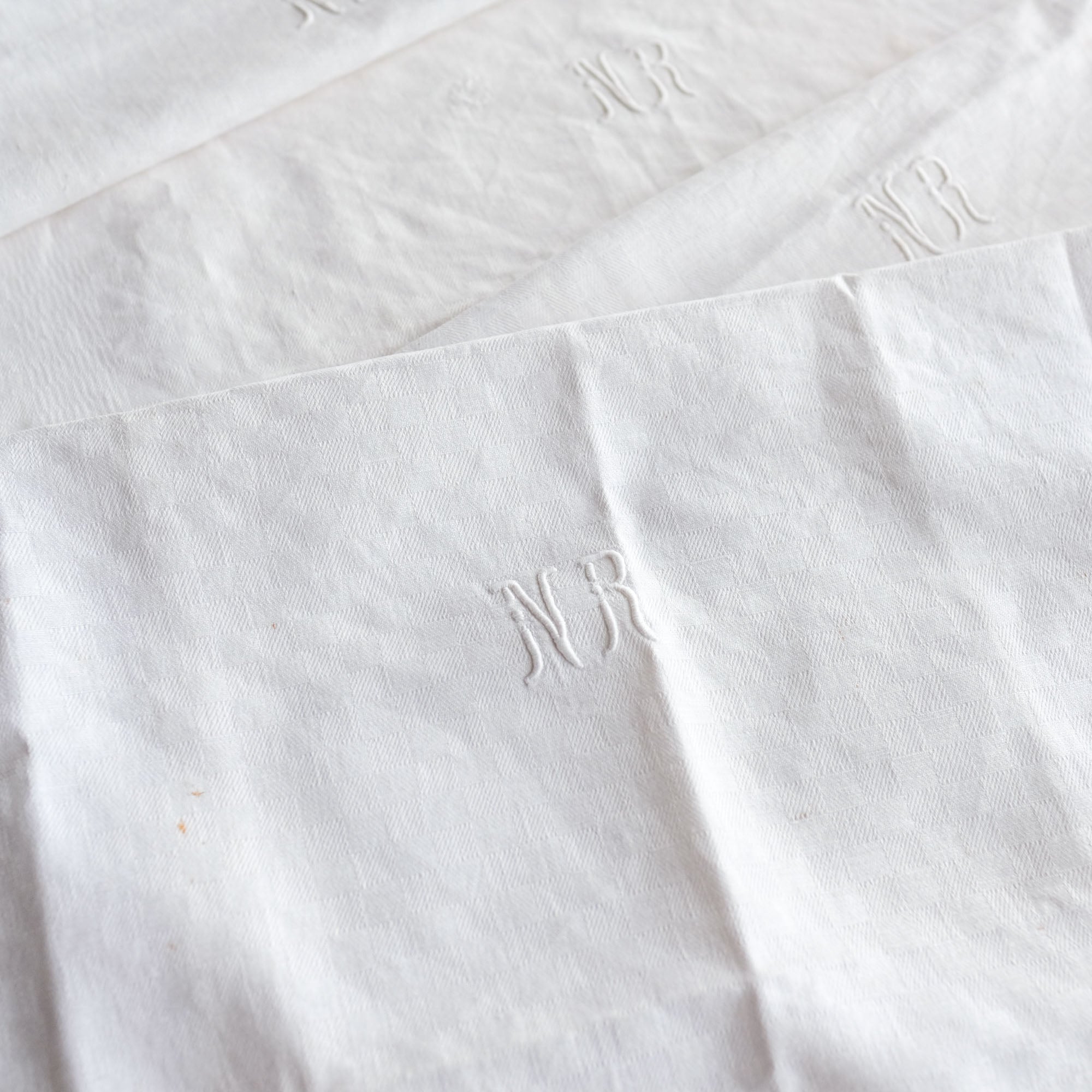 Vintage French Linen Napkins with White Embroidery