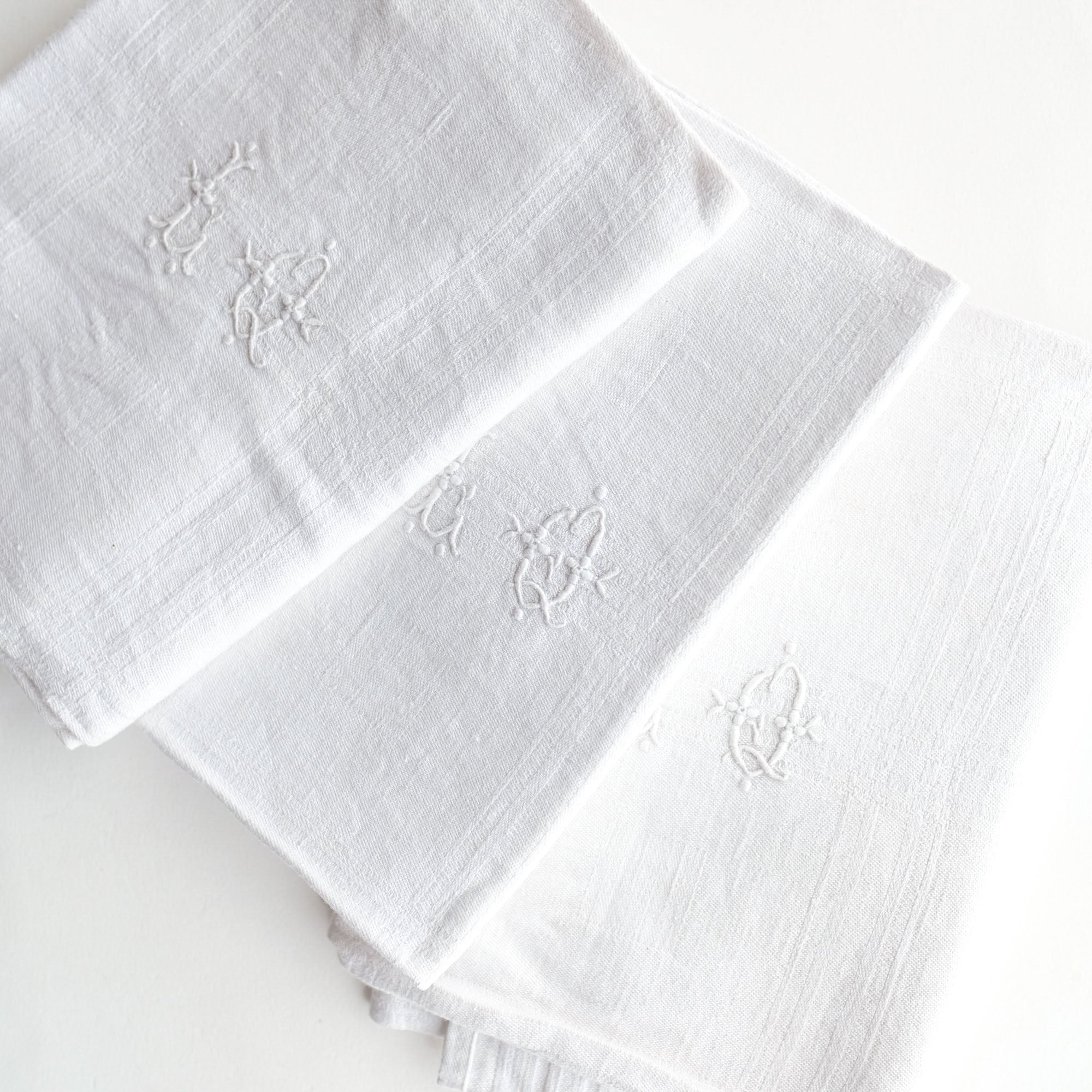 Vintage French Linen Napkins with White Embroidery