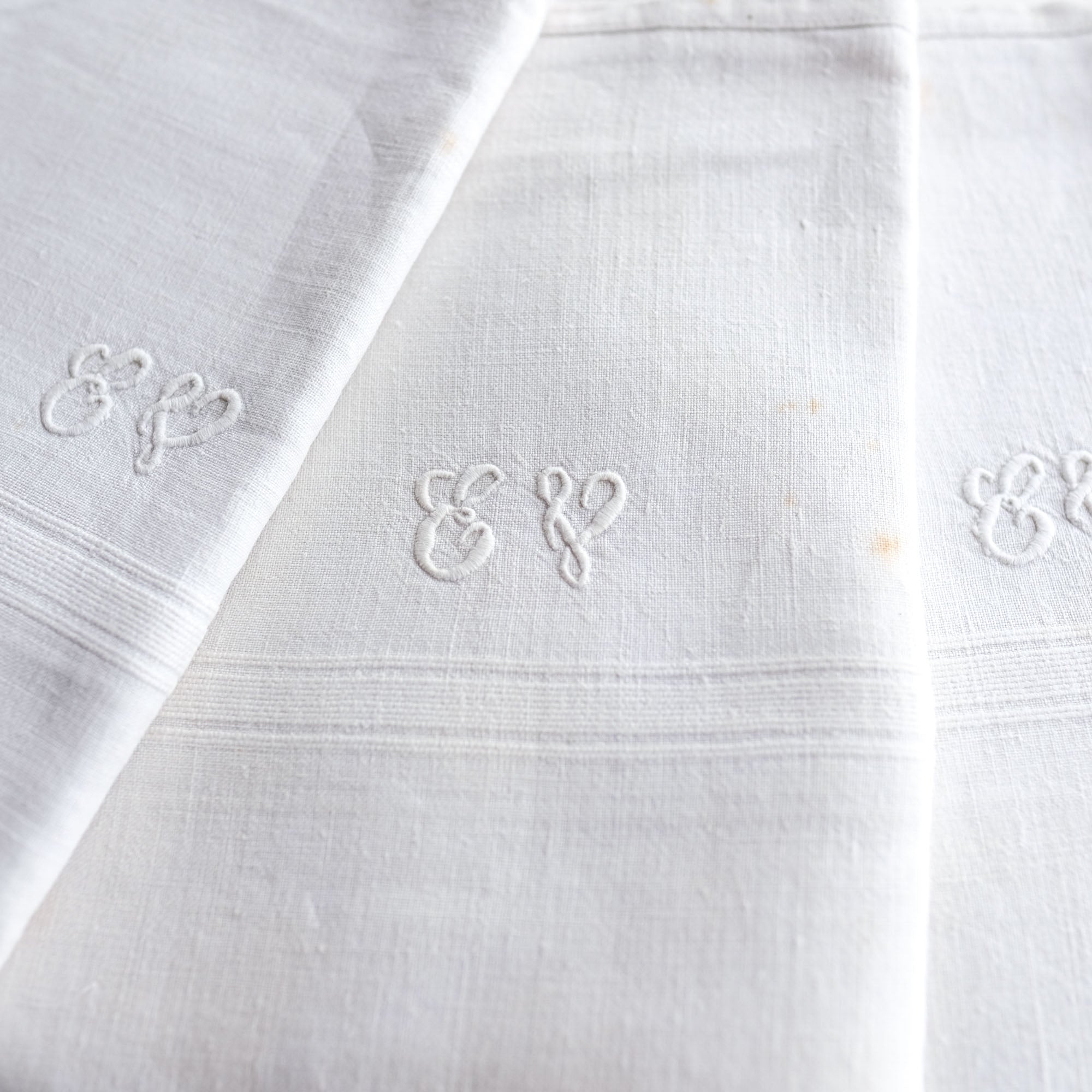 Vintage French Linen Napkins with White Embroidery