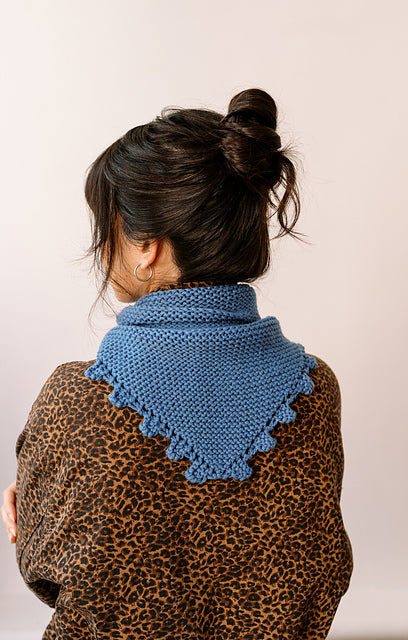 Kristine bandana - knit, blue bandana with decorative edging made with Bread & Butter Yarn Everyday