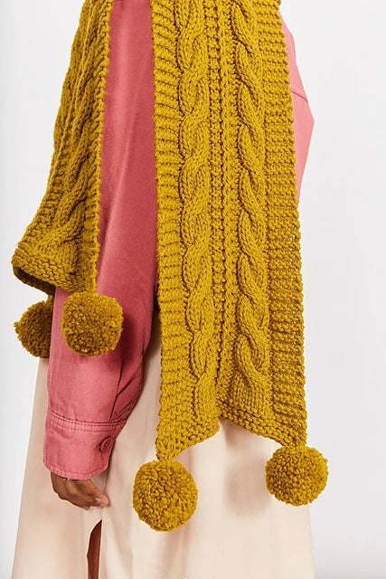 Fiona Scarf - knit cabled scarf with large pom poms