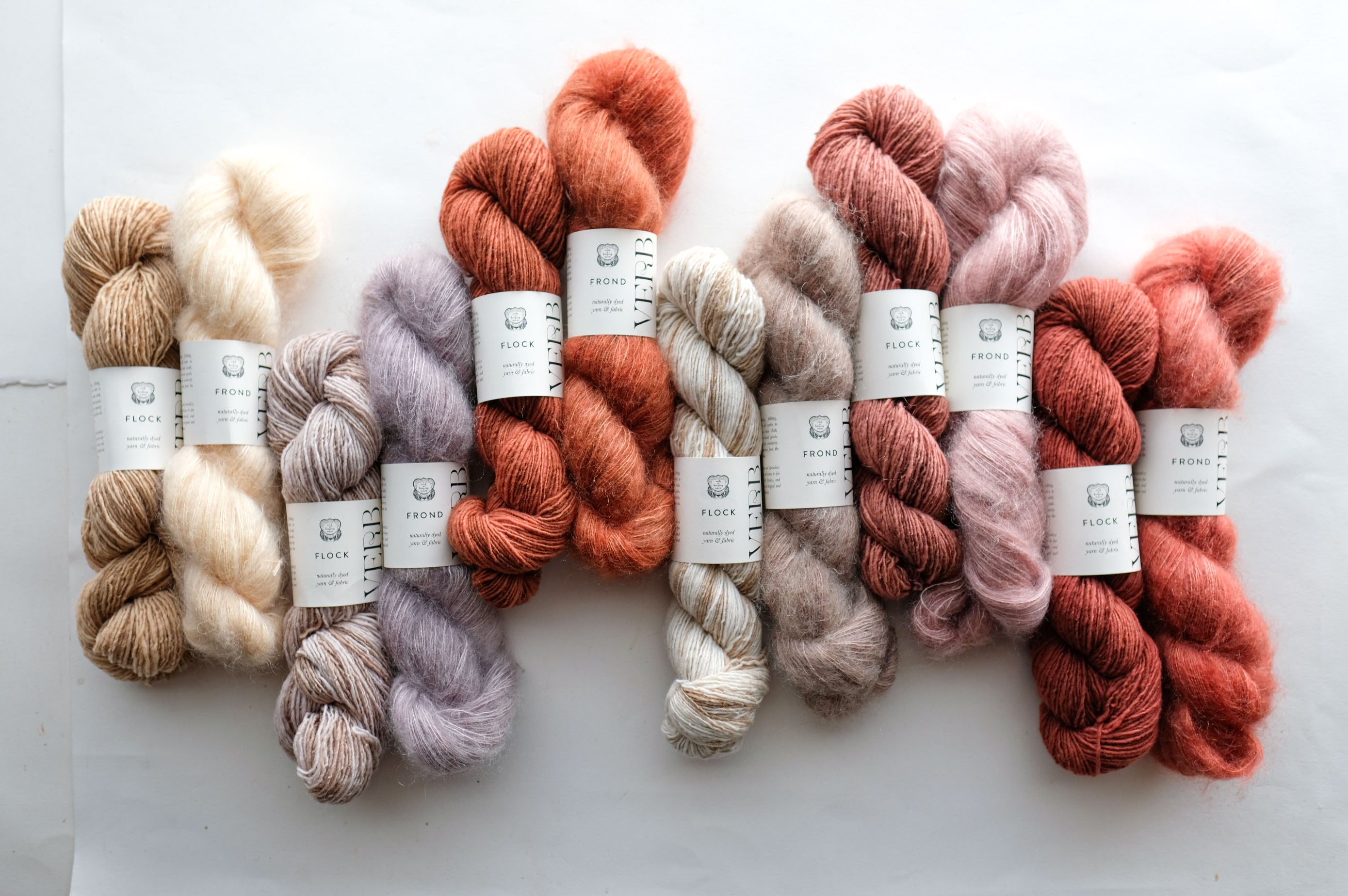 Set of skeins of yarn in various colors on a white background