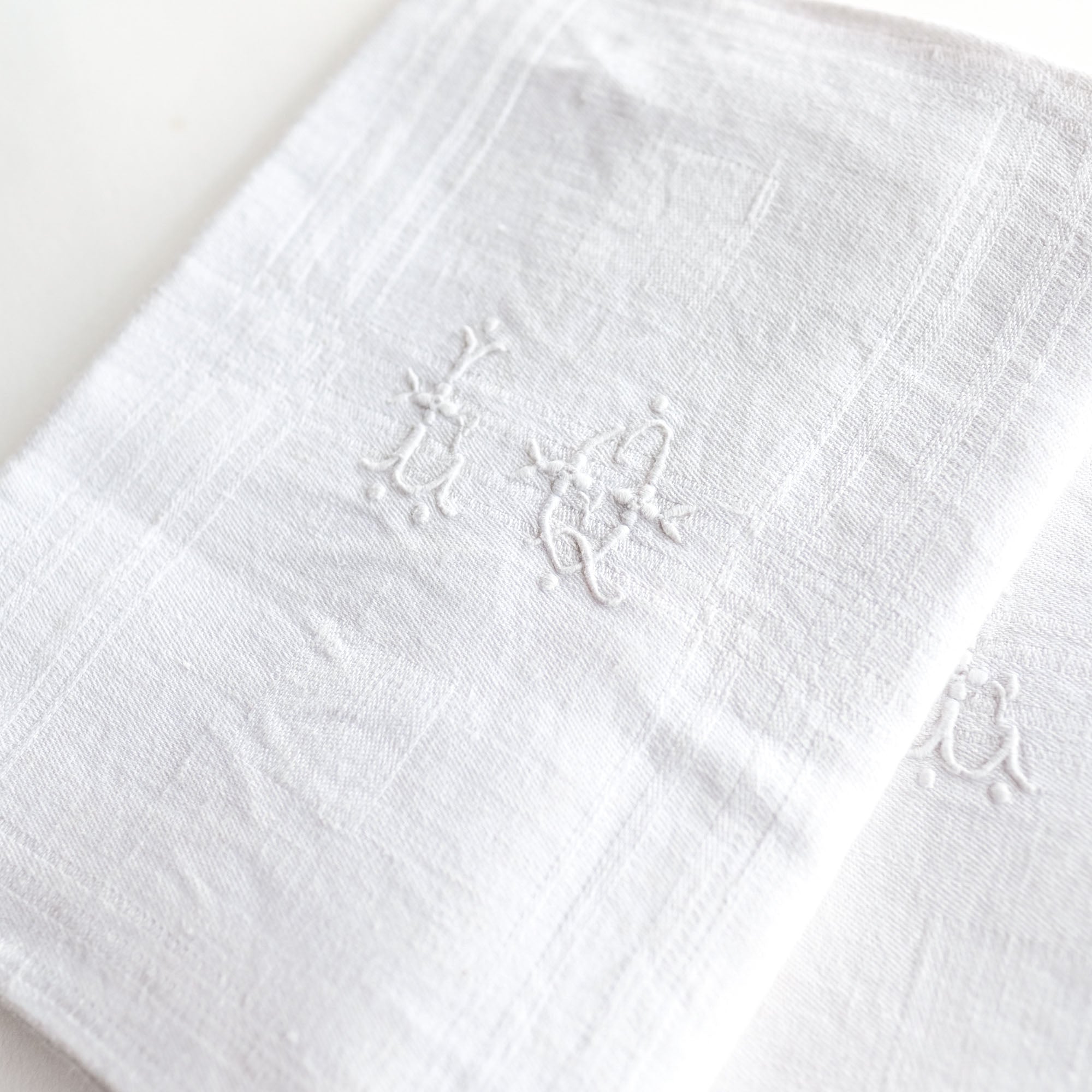 Vintage French Linen Napkins with White Embroidery