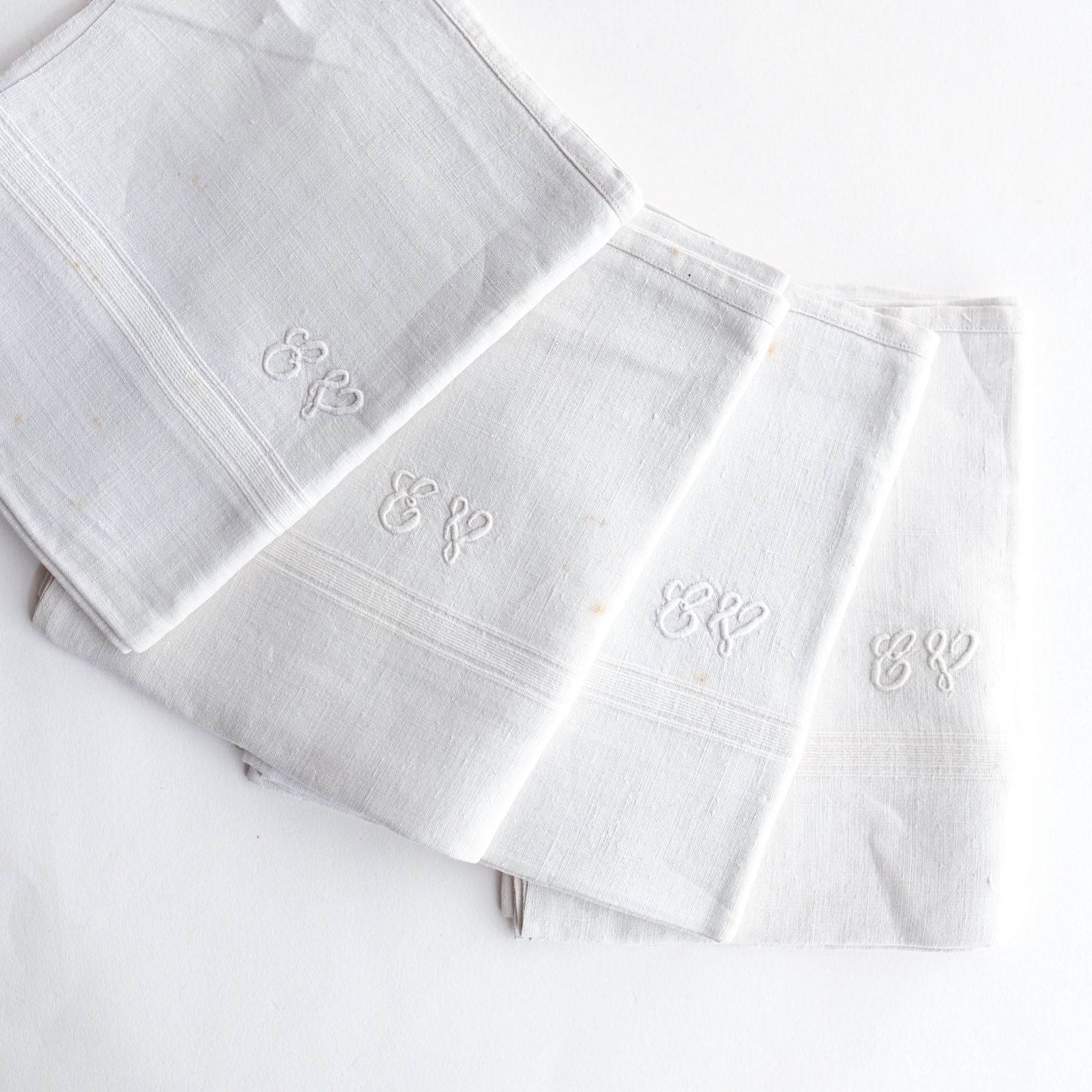 Vintage French Linen Napkins with White Embroidery