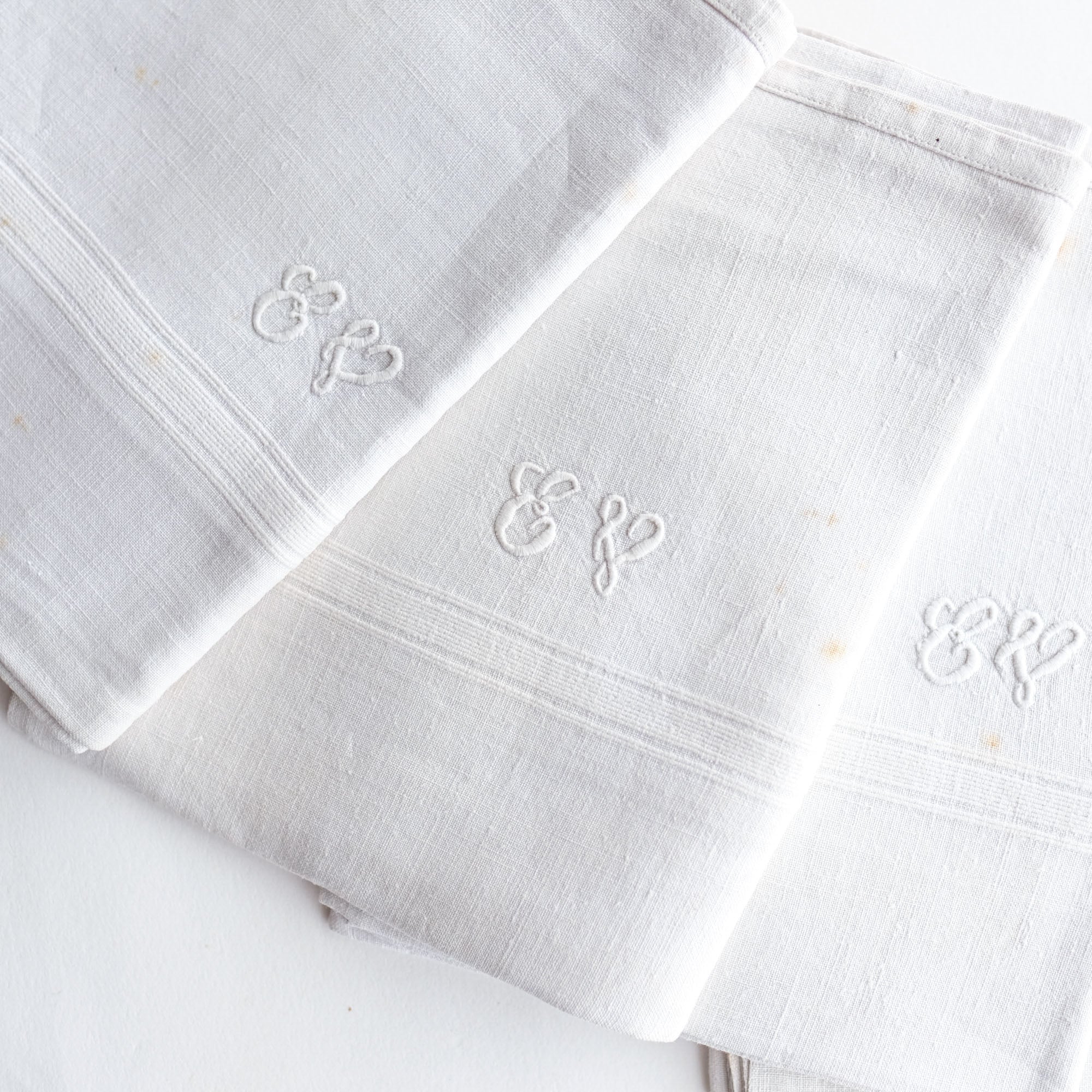 Vintage French Linen Napkins with White Embroidery