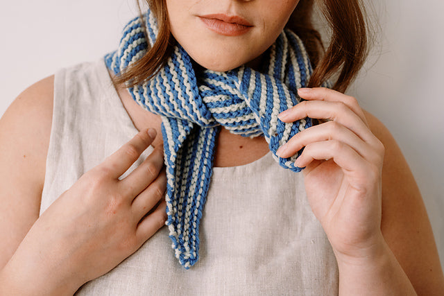 Adrienne bandana - blue and white striped triangular knit cowl made with Bread & Butter Yarn Everyday